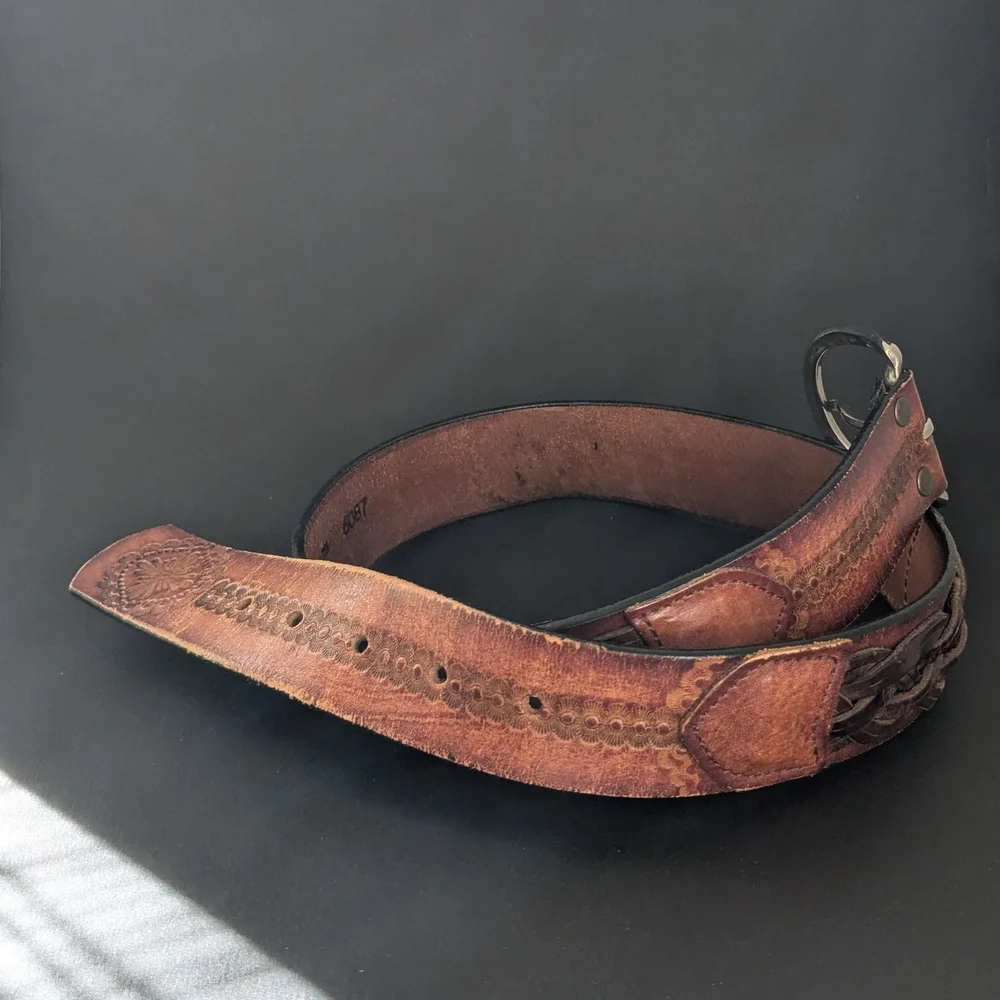 Vintage Leegin USA Full Grain Leather Western Tooled Floral Braided Belt Sz 30